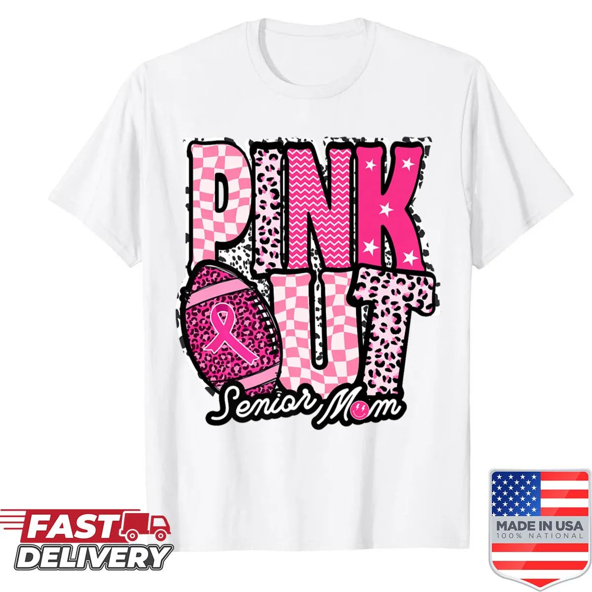 Football mom shirt with breast cancer awareness design and pink ribbon