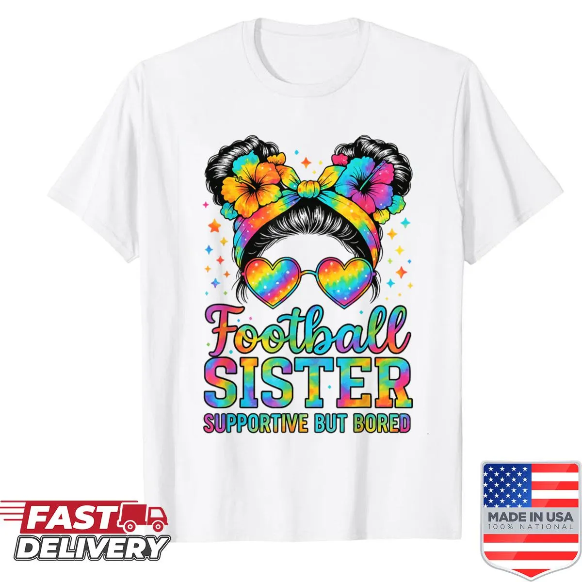 Cute tie-dye shirt with 'Supportive But Bored' for football sisters