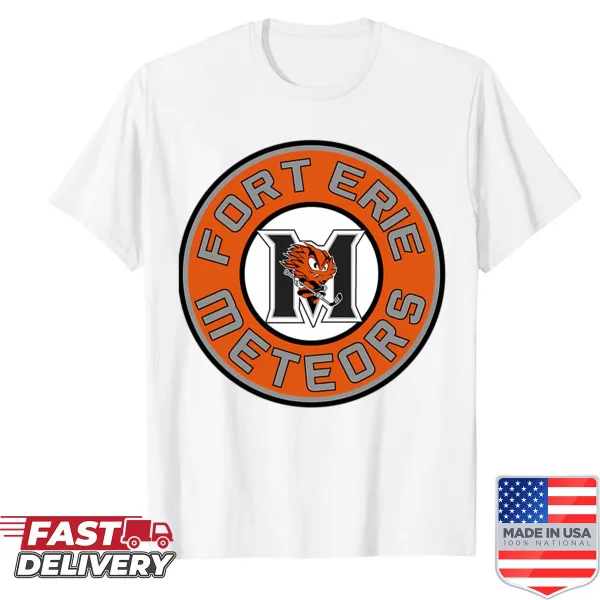 Shirt featuring Fort Erie Meteors logo in sticker style