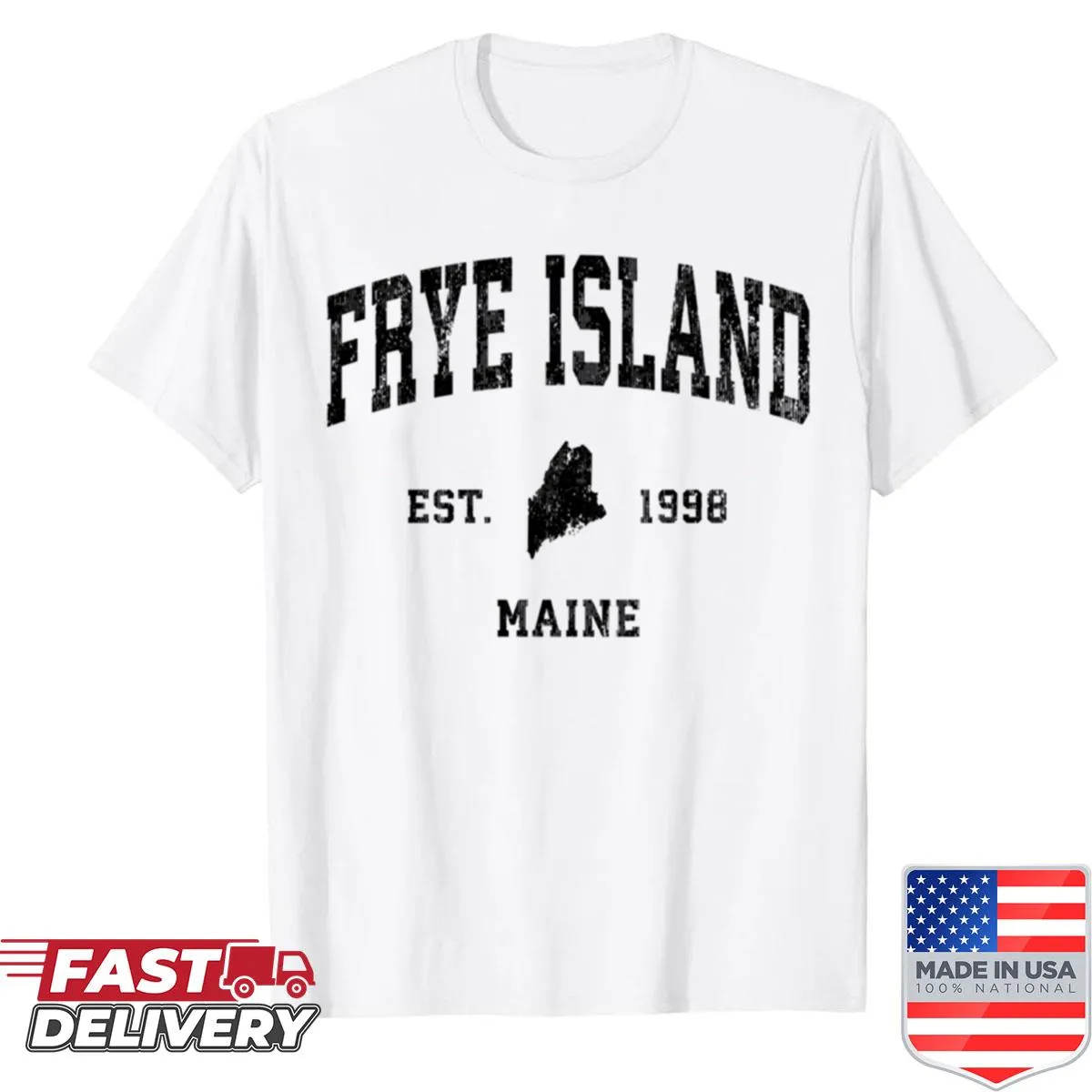 Athletic black shirt featuring 'Frye Island Maine Me' text design