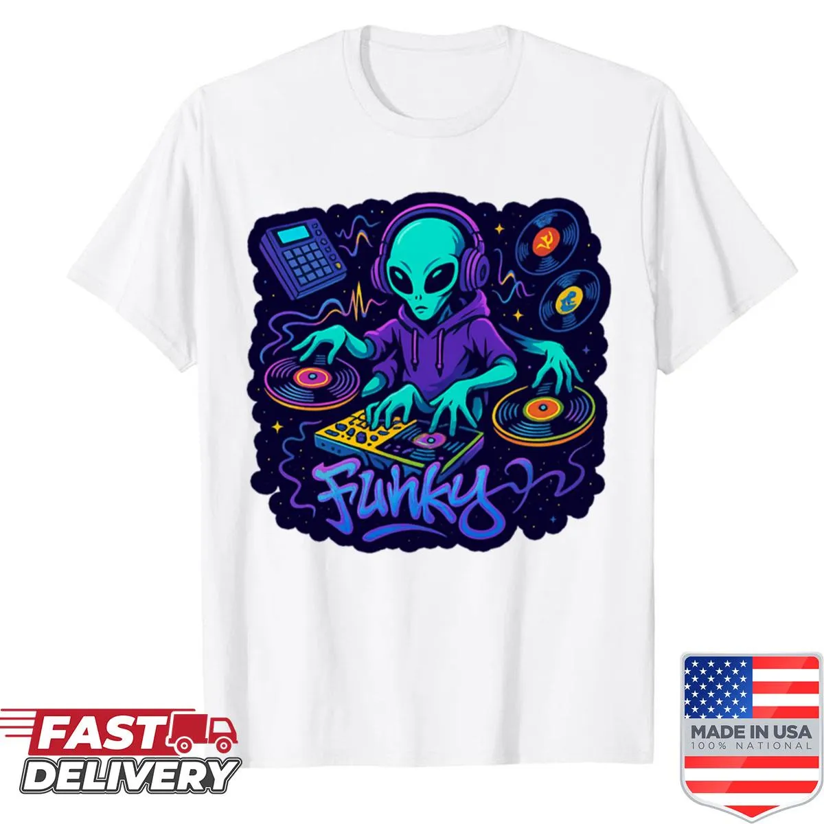 Cartoon alien DJ shirt in streetwear style
