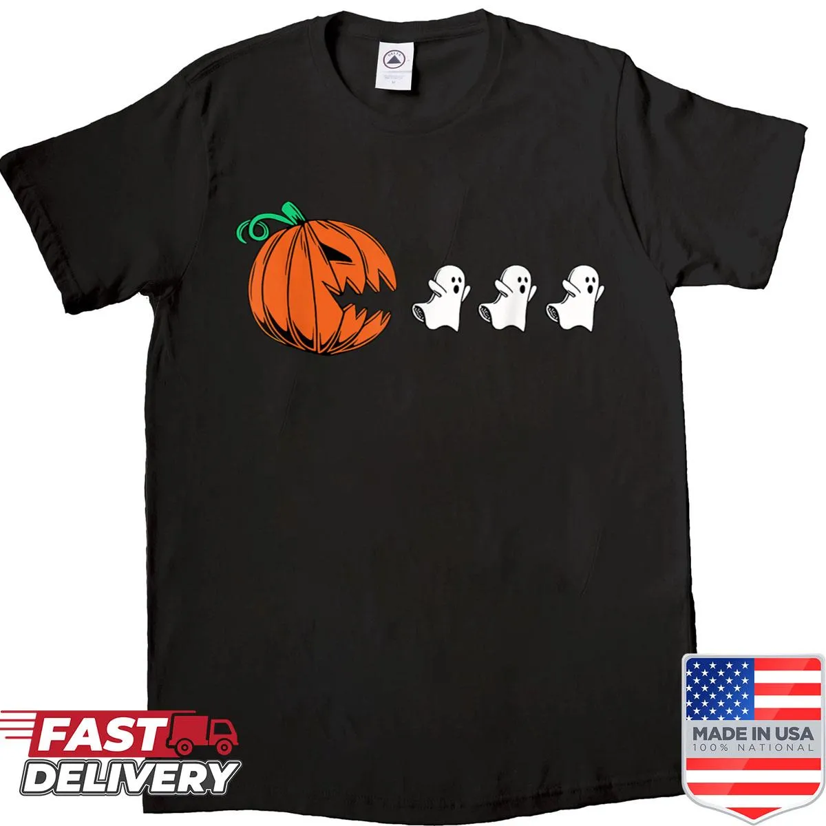 Cartoon ghost eating a pumpkin on a Halloween-themed gamer shirt