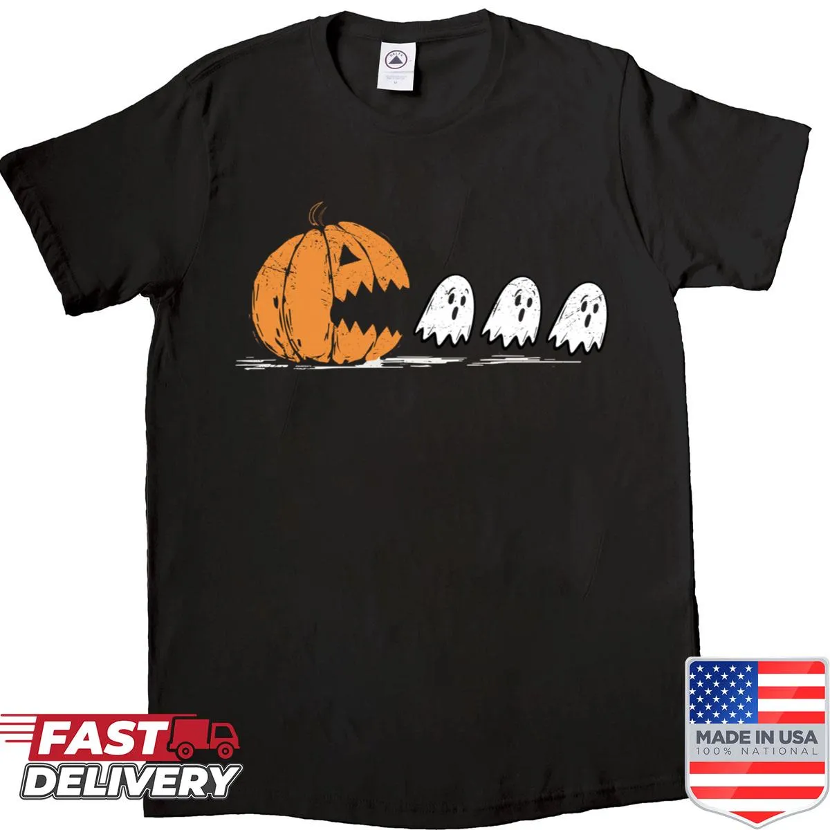 Humorous pumpkin graphic eating a ghost on a Halloween shirt
