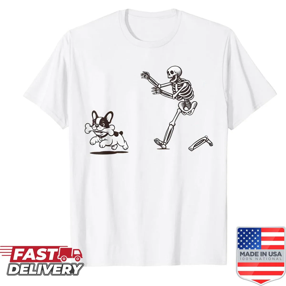 Illustration of a skeleton chasing a French Bulldog on a Halloween shirt