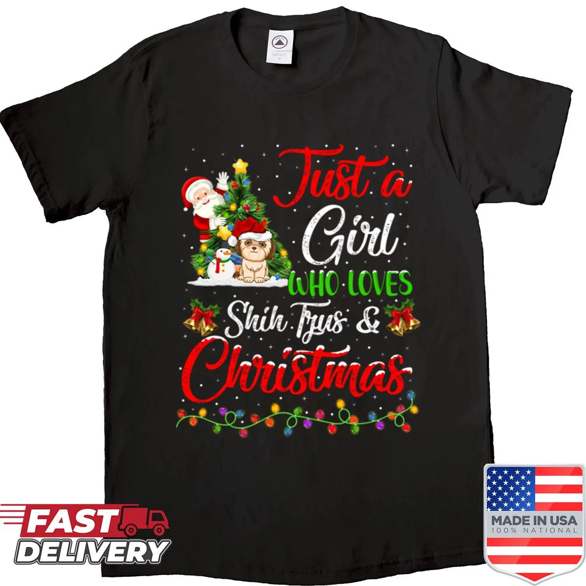 Christmas shirt featuring humorous text about loving Shih Tzus