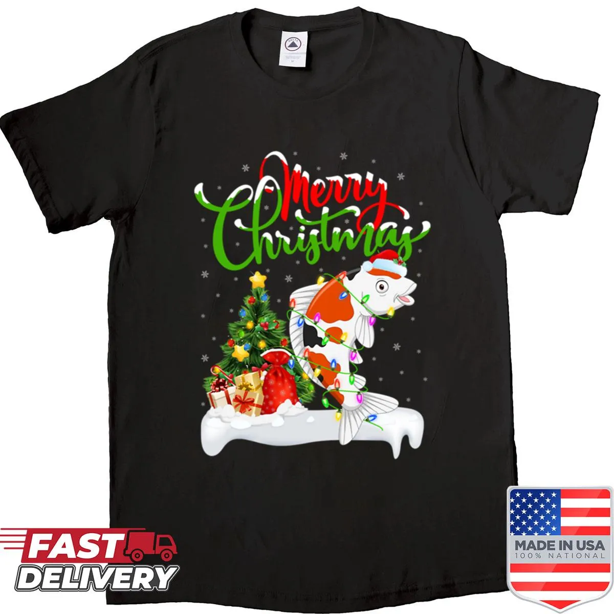 Whimsical Christmas-themed koi fish graphic T-shirt