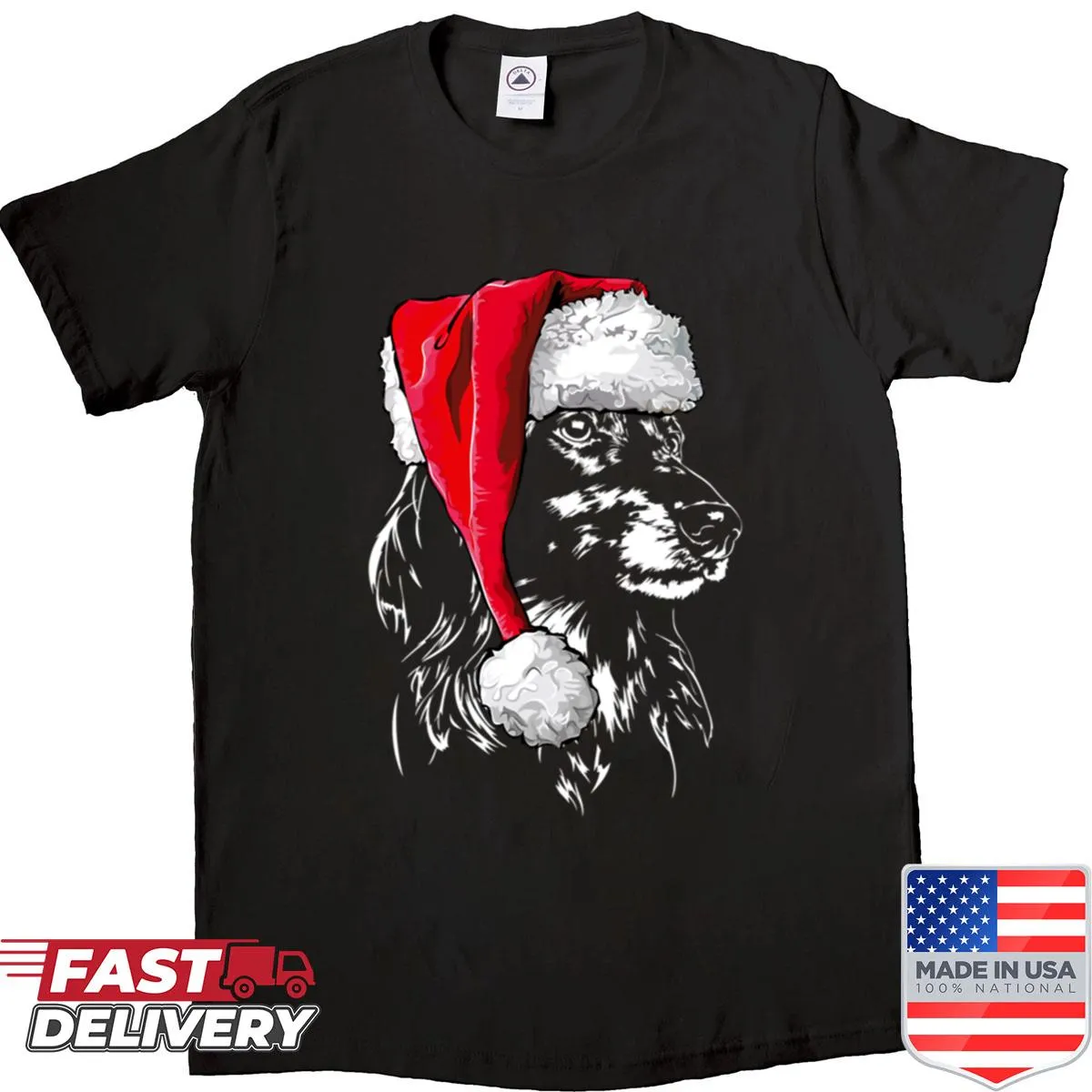 Dachshund dressed as Santa in a funny Christmas shirt