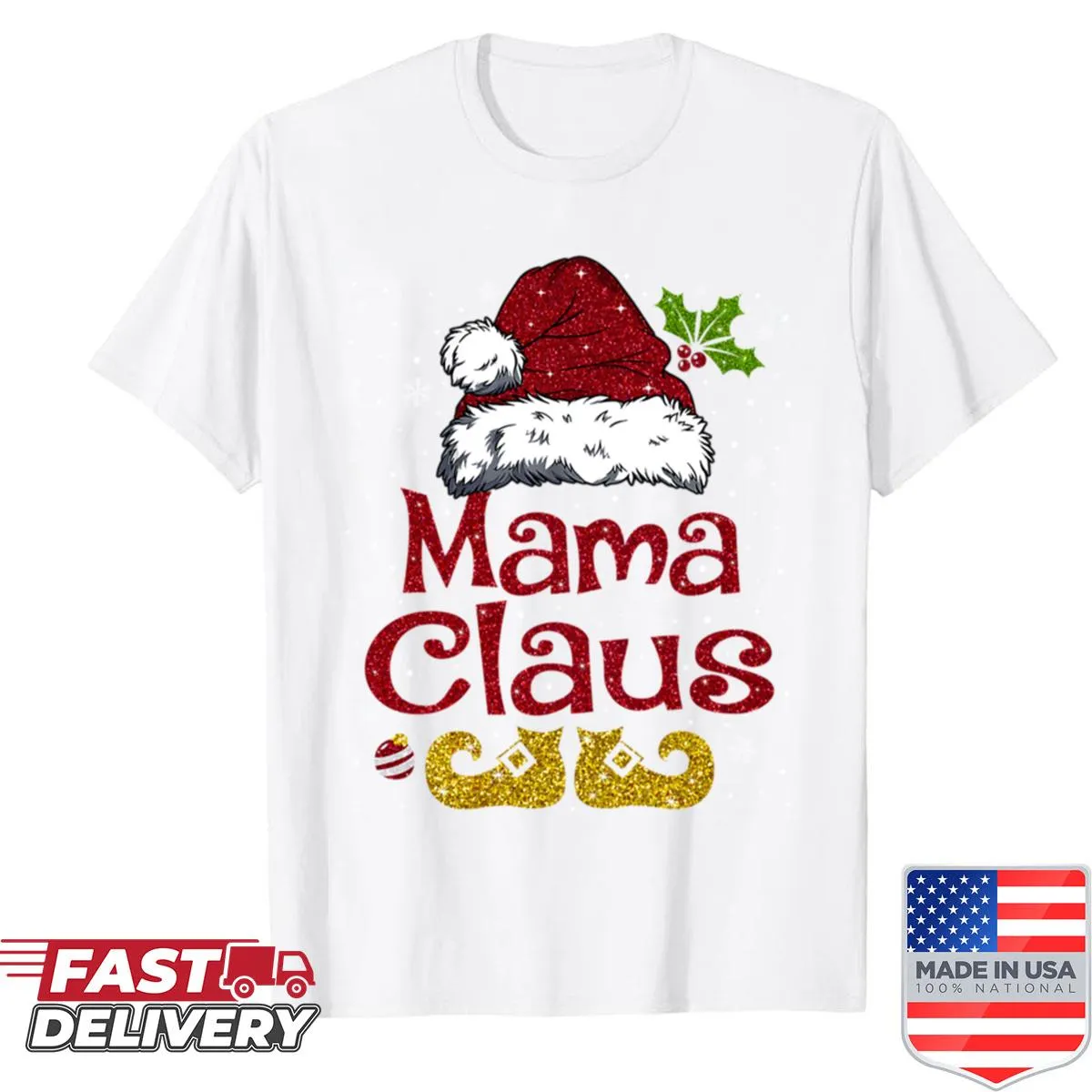 Cute 'Mama Claus' shirt with Santa hat illustration for Christmas