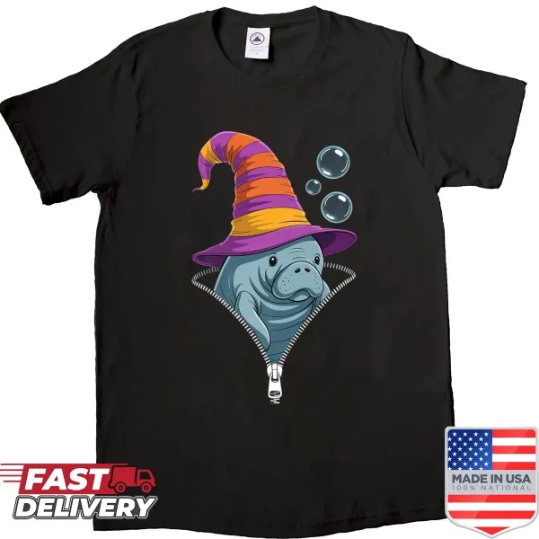 Funny Halloween shirt featuring a manatee peeking out of a zipper.