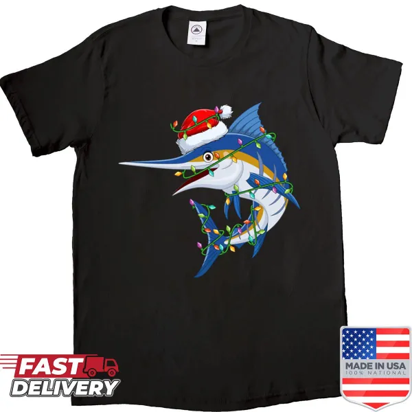 Cartoon marlin with a Santa hat on a festive fishing shirt
