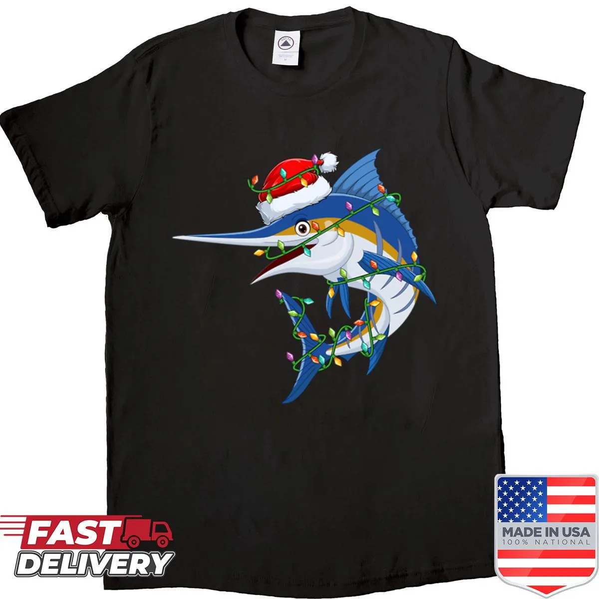 Cartoon marlin with a Santa hat on a festive fishing shirt