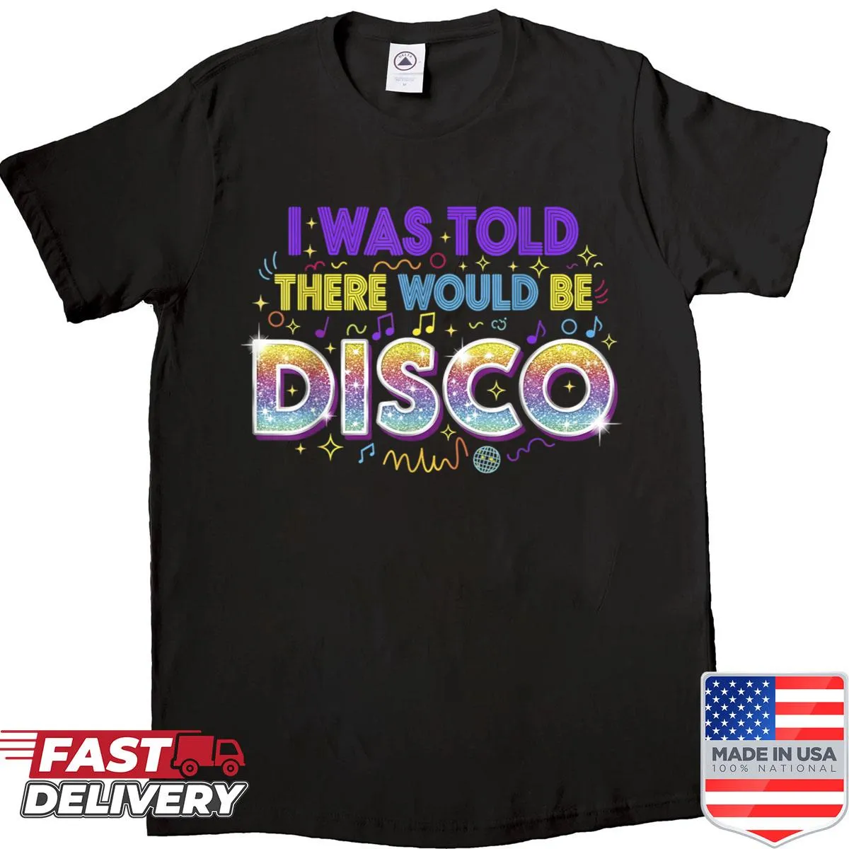 Cartoon-style shirt with a funny disco-themed quote for music lovers.