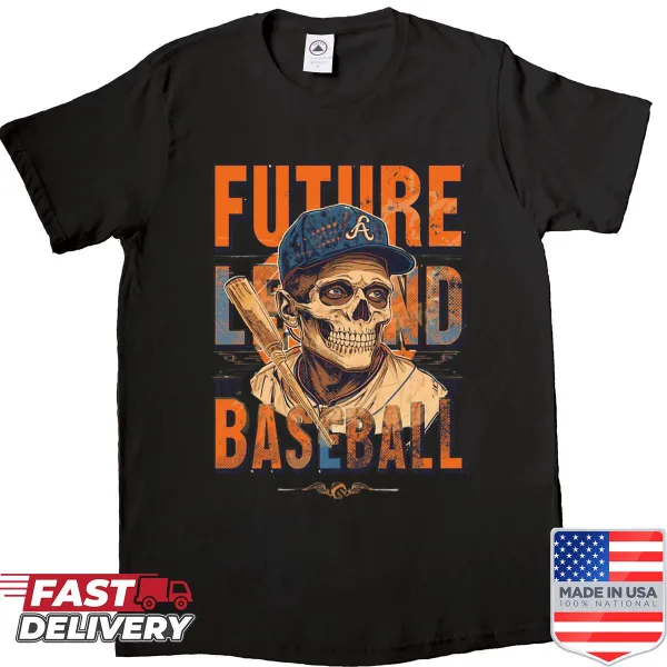 Playful skeleton baseball shirt with a future legend theme