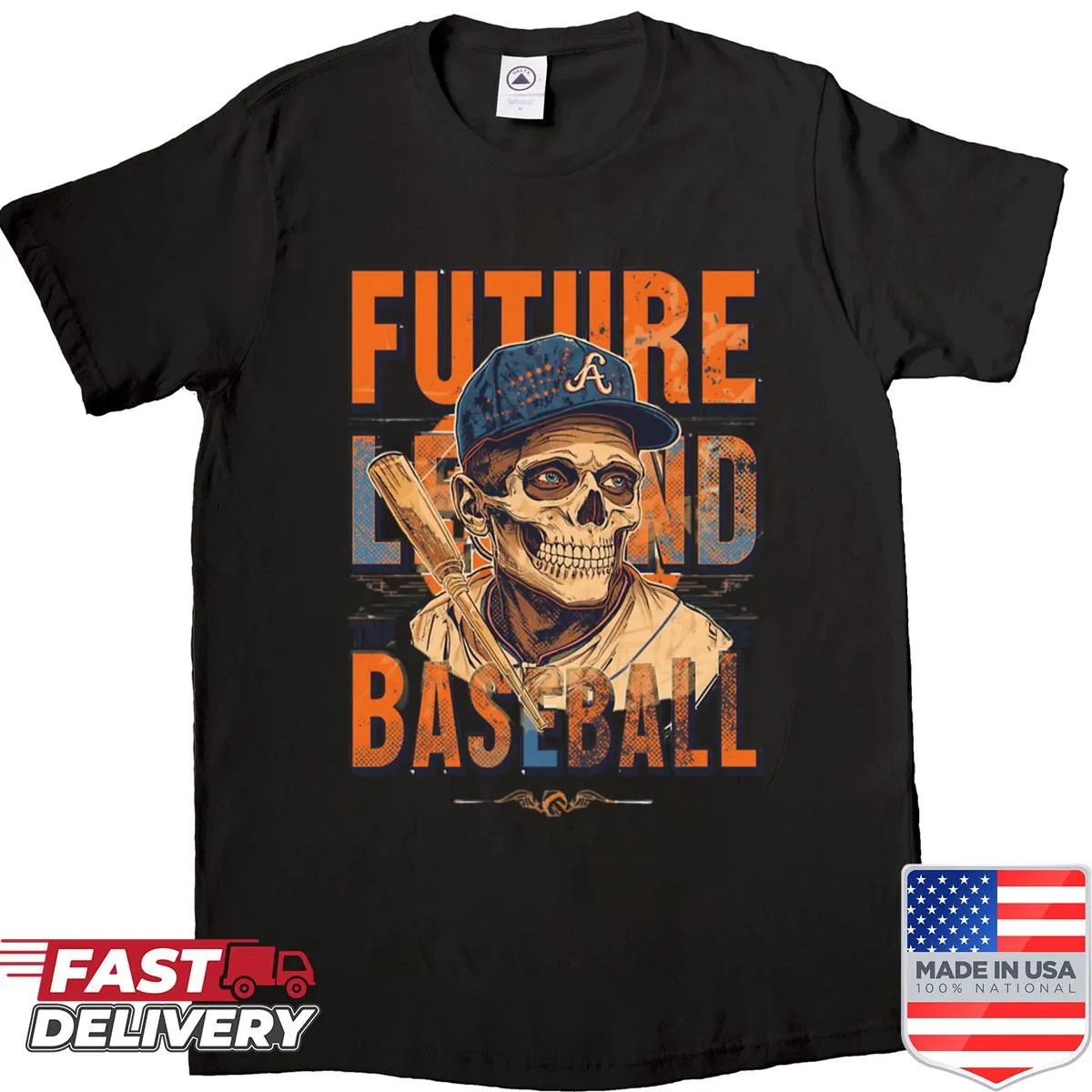 Playful skeleton baseball shirt with a future legend theme