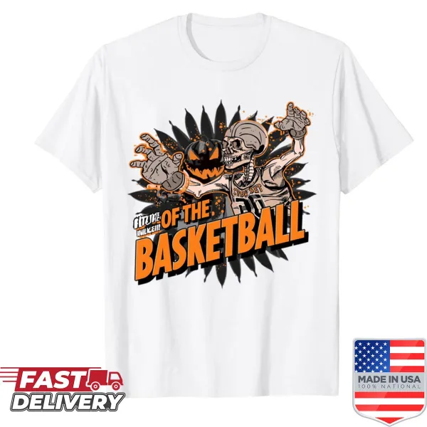 Skeleton playing basketball on a t-shirt