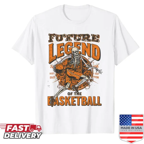 Playful skeleton playing basketball graphic on an oversized t-shirt