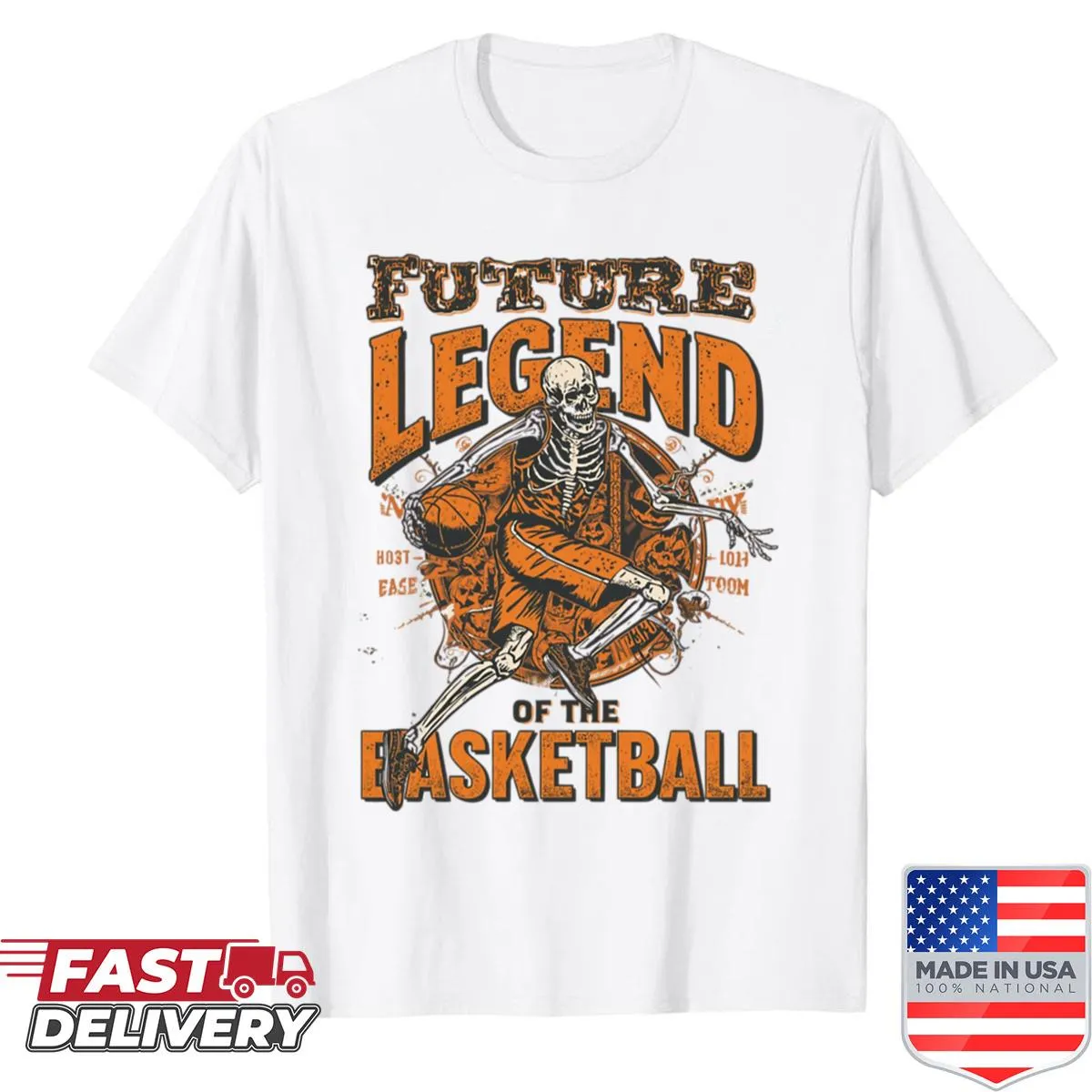 Playful skeleton playing basketball graphic on an oversized t-shirt