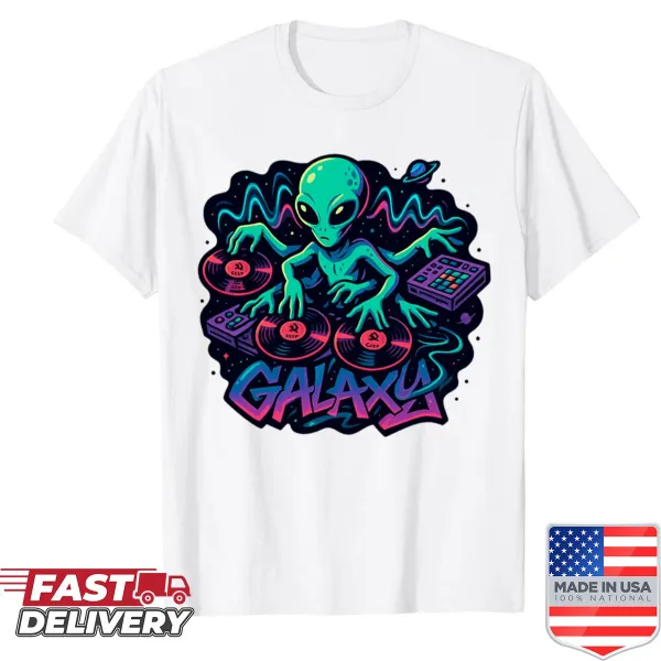 Alien DJ graphic shirt with cosmic music theme