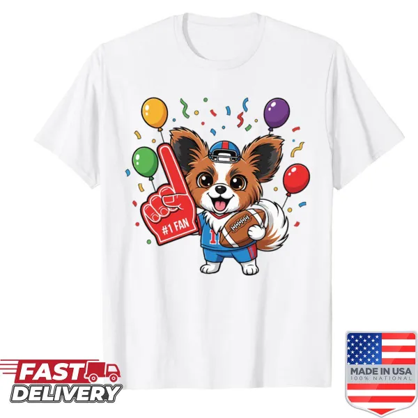 Cute Papillon puppy in football theme on a t-shirt