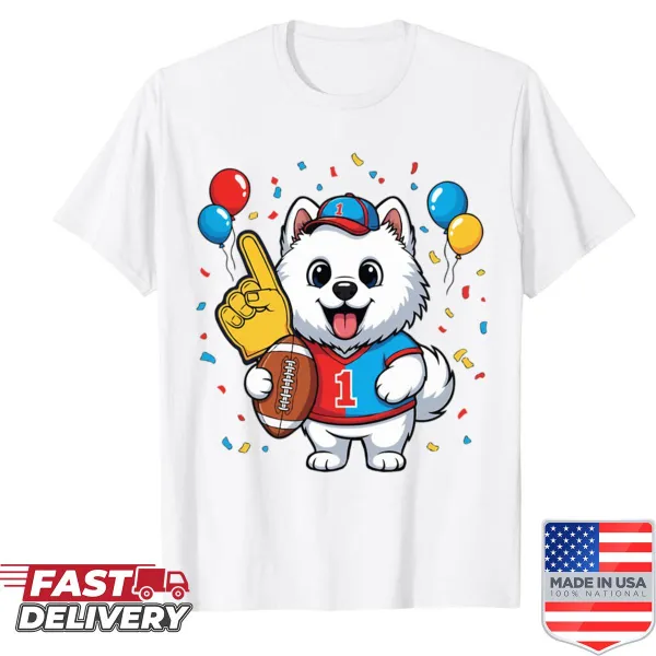 Cute Samoyed puppy in a football-themed design.