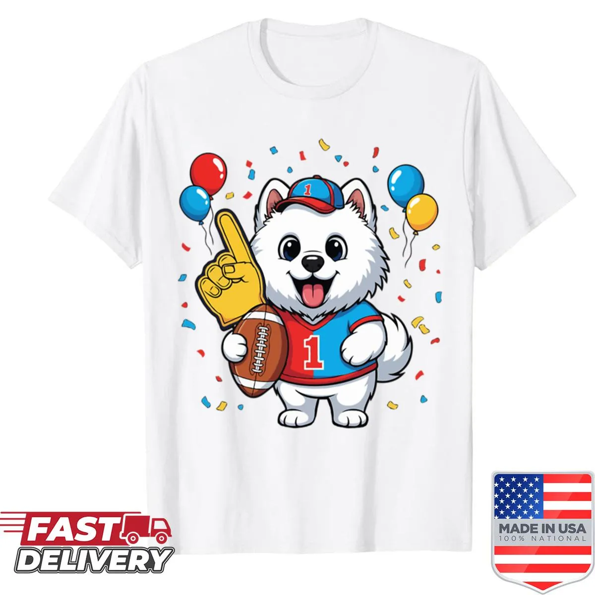 Cute Samoyed puppy in a football-themed design.