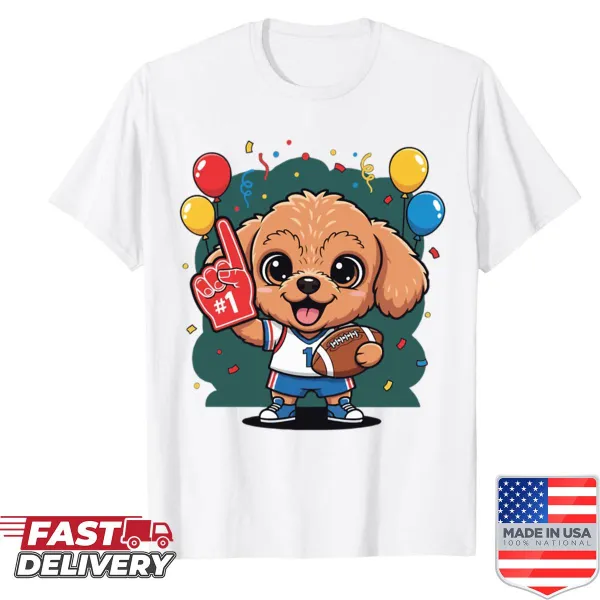 Cute cartoon teacup poodle in football gear on a t-shirt