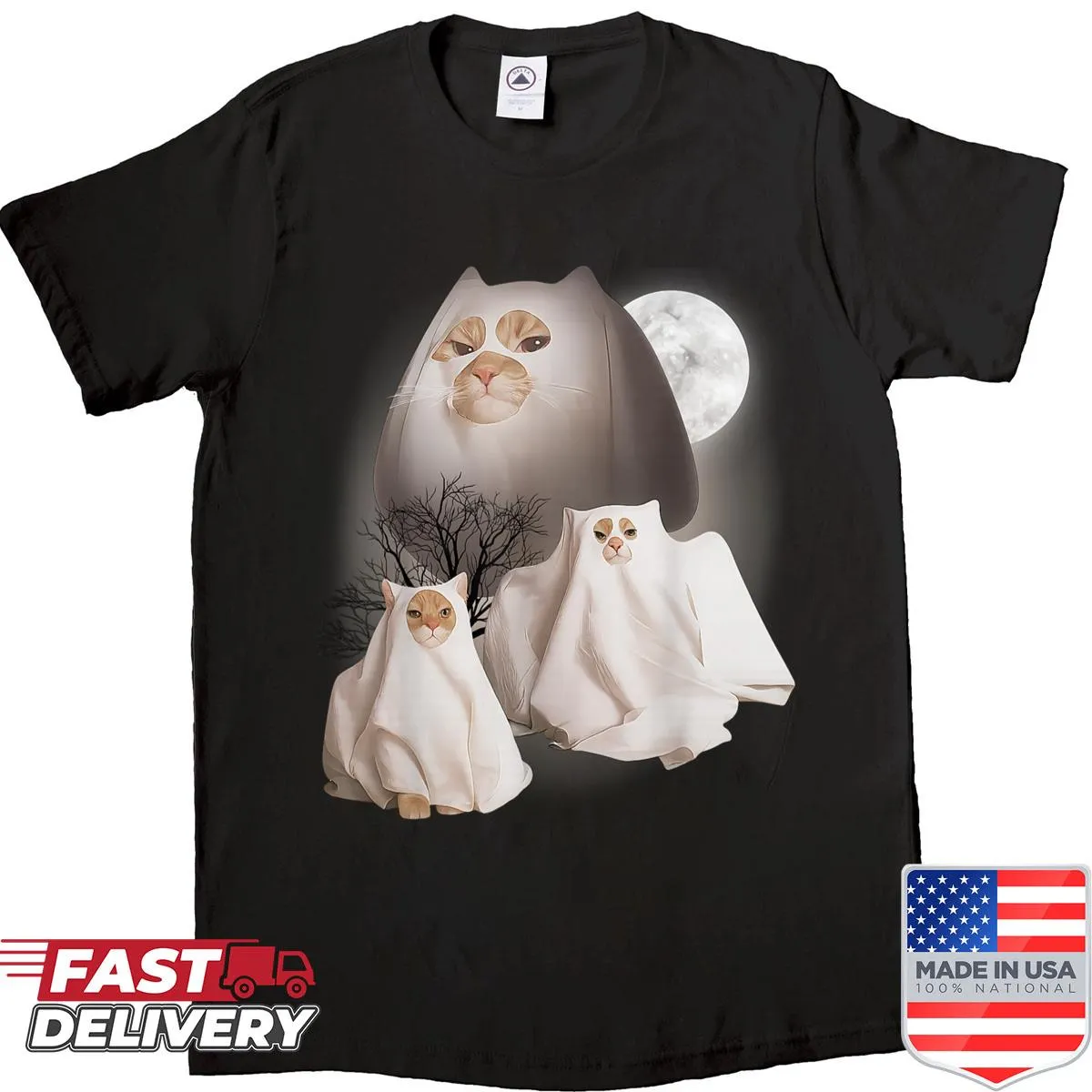 Funny ghost cat meme graphic on a Halloween shirt.