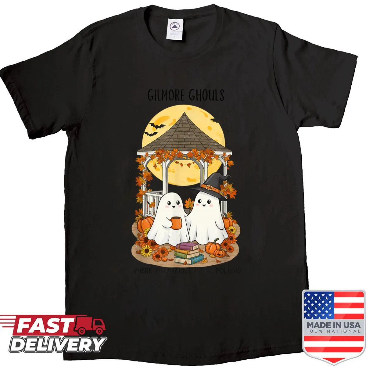 Whimsical ghost-themed graphic t-shirt