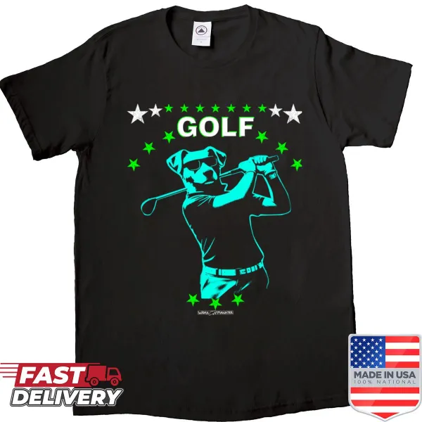 Cartoon dog playing golf in a humorous style