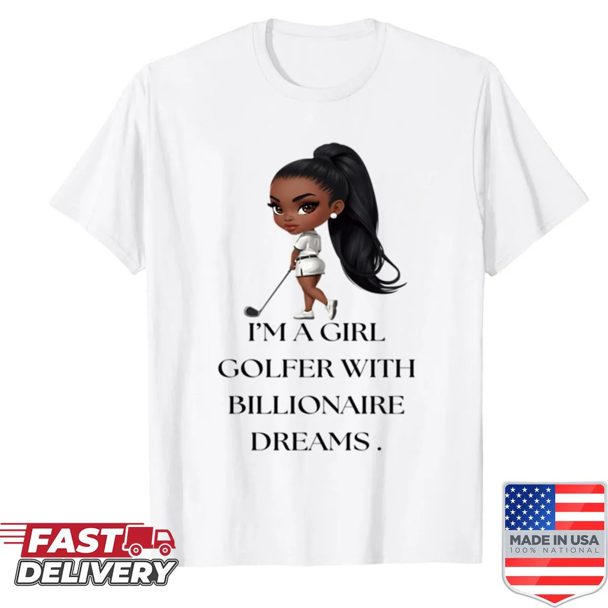 Illustrated shirt featuring a female golfer