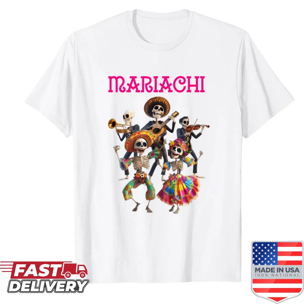 Cartoon skeleton mariachi band design on a Halloween shirt