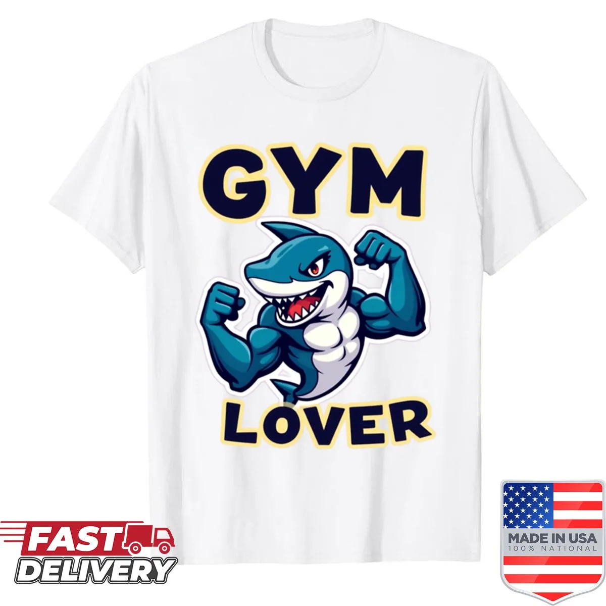 Funny gym shirt featuring a cartoon shark in workout gear