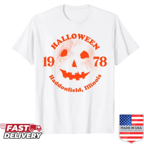 Cartoon pumpkin graphic on Halloween-themed shirt