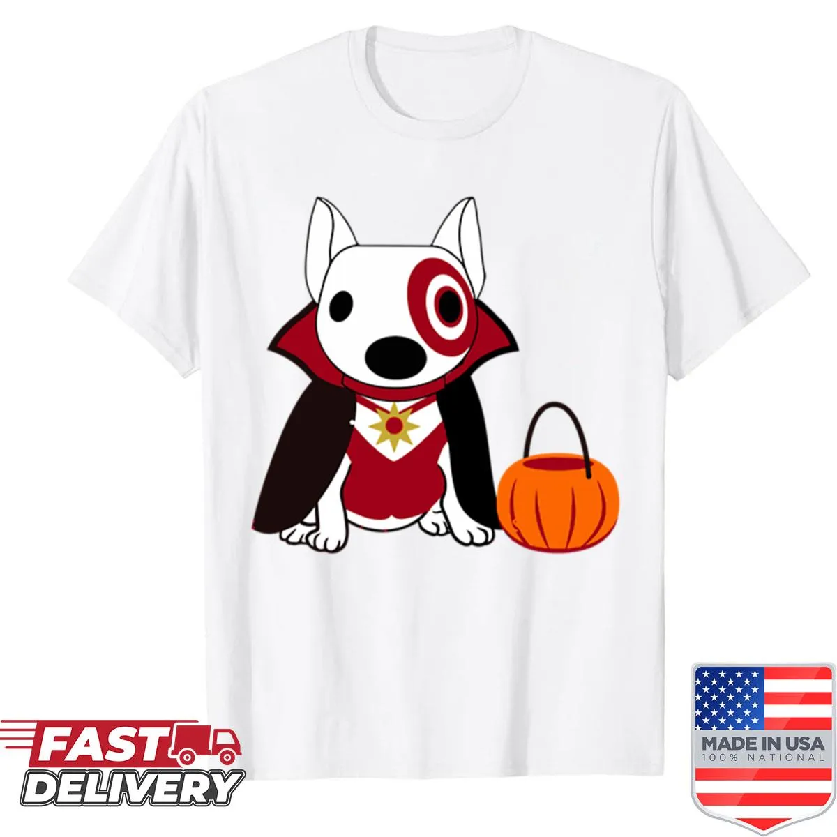 Cartoon dog design celebrating Halloween as a team member.