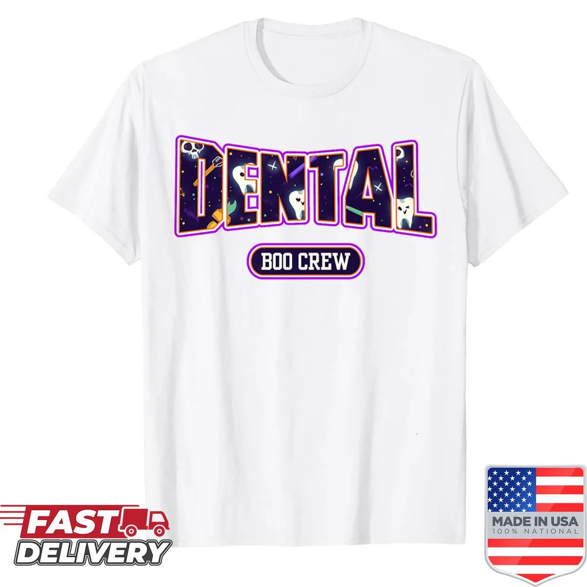 Cartoon design featuring smiling teeth and 'Boo Crew' text for dental professionals.