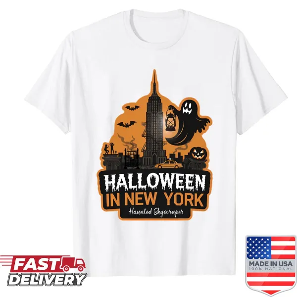 Halloween shirt featuring an illustration of a haunted New York skyscraper