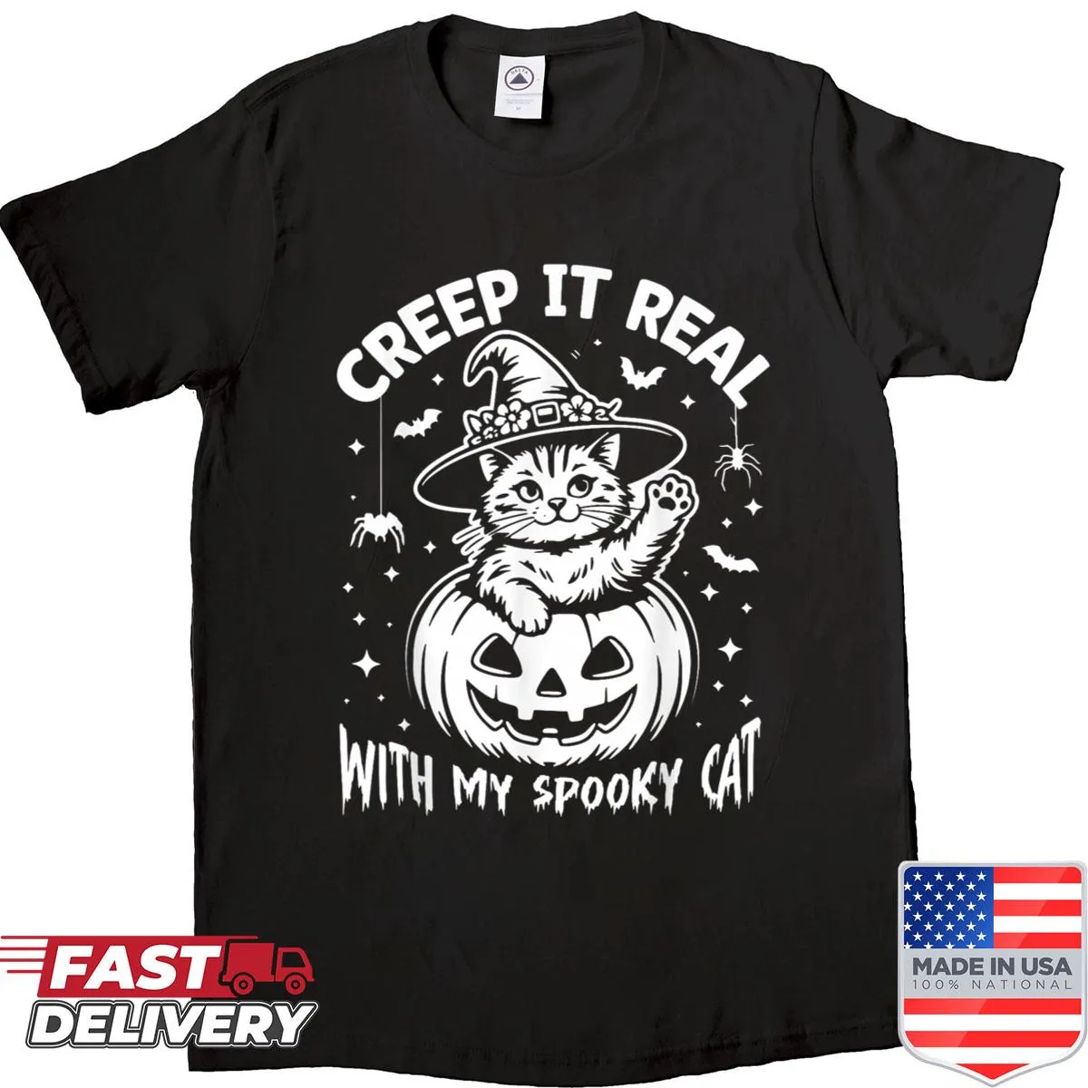 Fun Halloween shirt featuring a cat in a witch hat and pumpkin design.