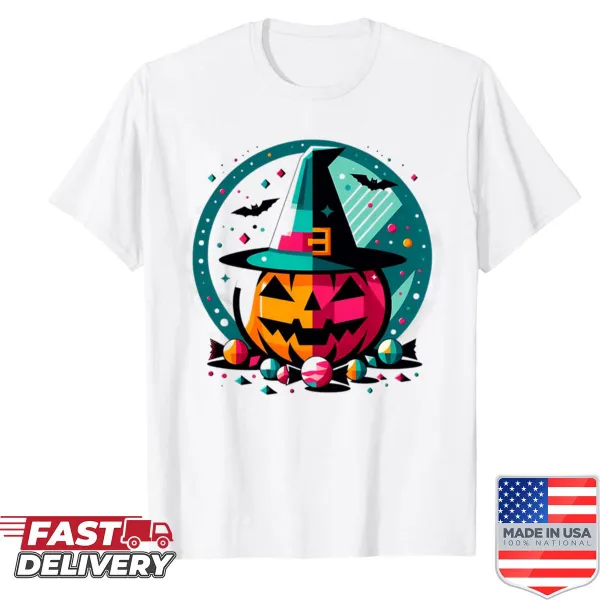 Retro cartoon pumpkin graphic on a Halloween shirt