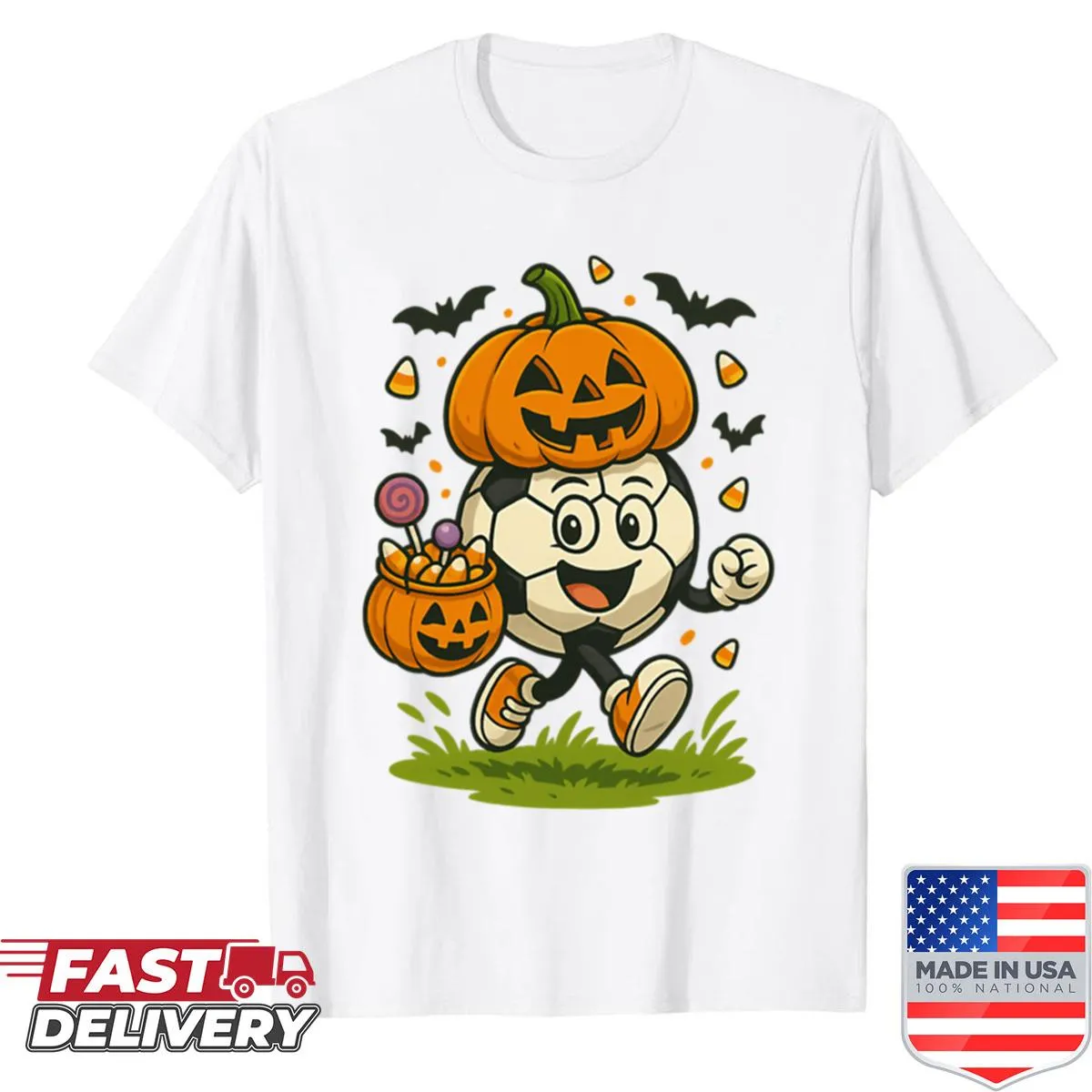 Halloween shirt with pumpkin playing soccer