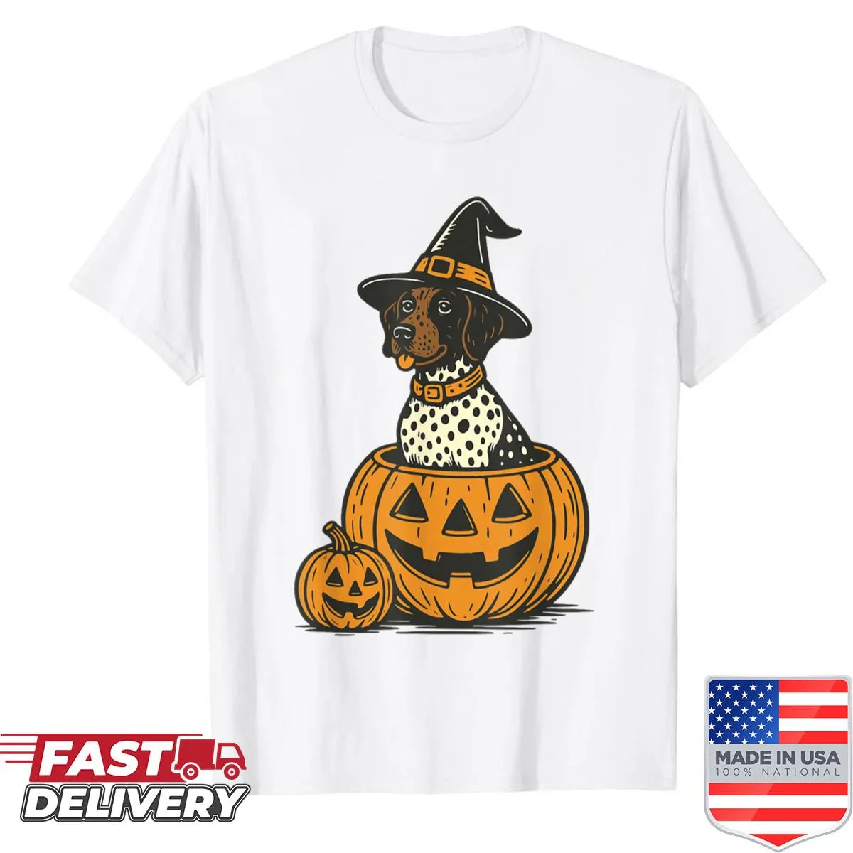 Cute Halloween shirt with a Shorthaired Pointer and pumpkins illustration