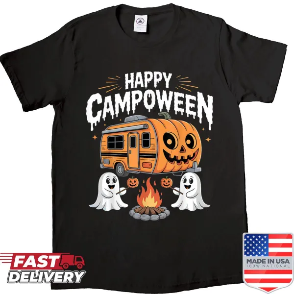 Camping-themed Halloween T-shirt with ghosts and campfires
