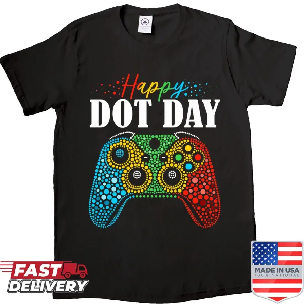 T-shirt featuring a gamer controller design with polka dots, celebrating gaming and creativity.