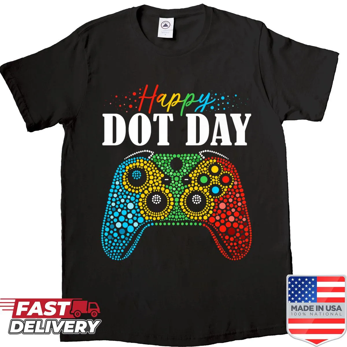 T-shirt featuring a gamer controller design with polka dots, celebrating gaming and creativity.