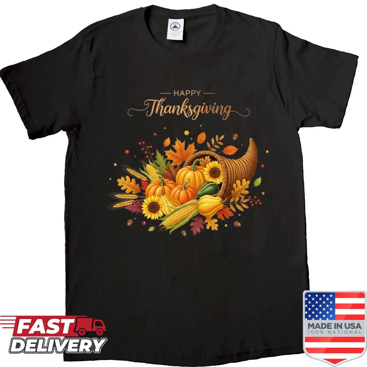 Thanksgiving shirt with cornucopia, pumpkins, and autumn leaves