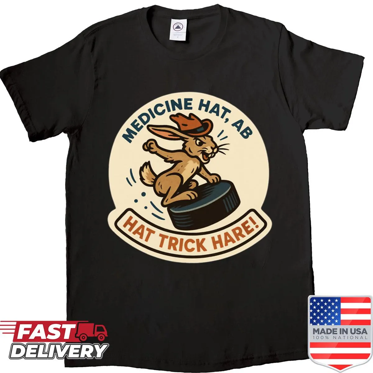 Hockey-themed shirt with a jackrabbit in cowboy attire and sticker design