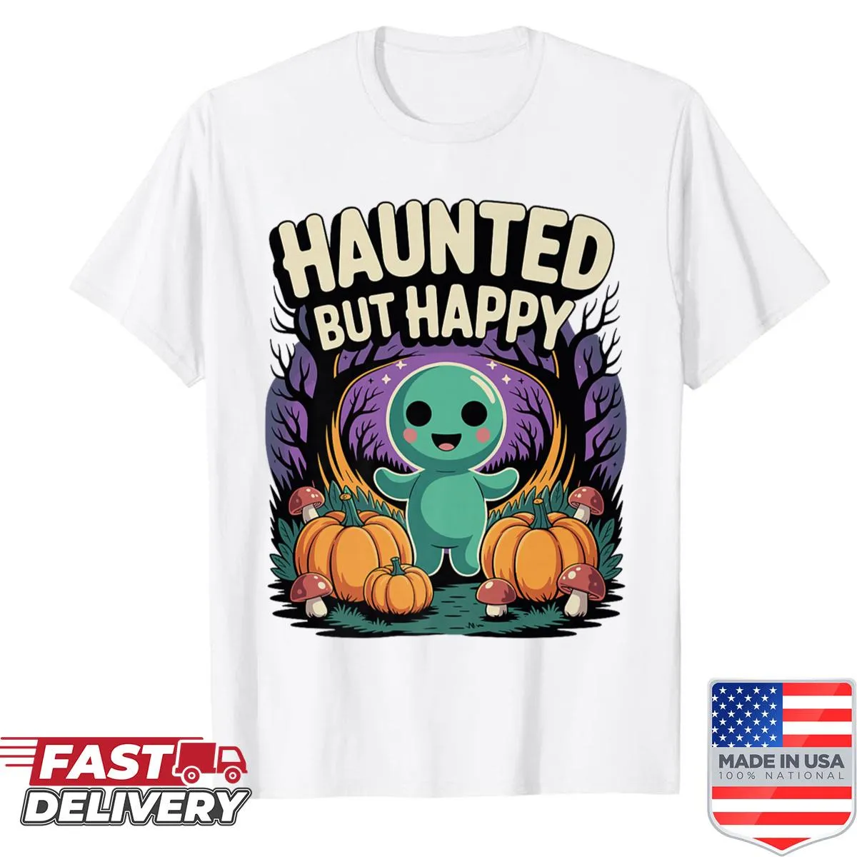 Cartoon ghost with pumpkins in a forest on a Halloween shirt