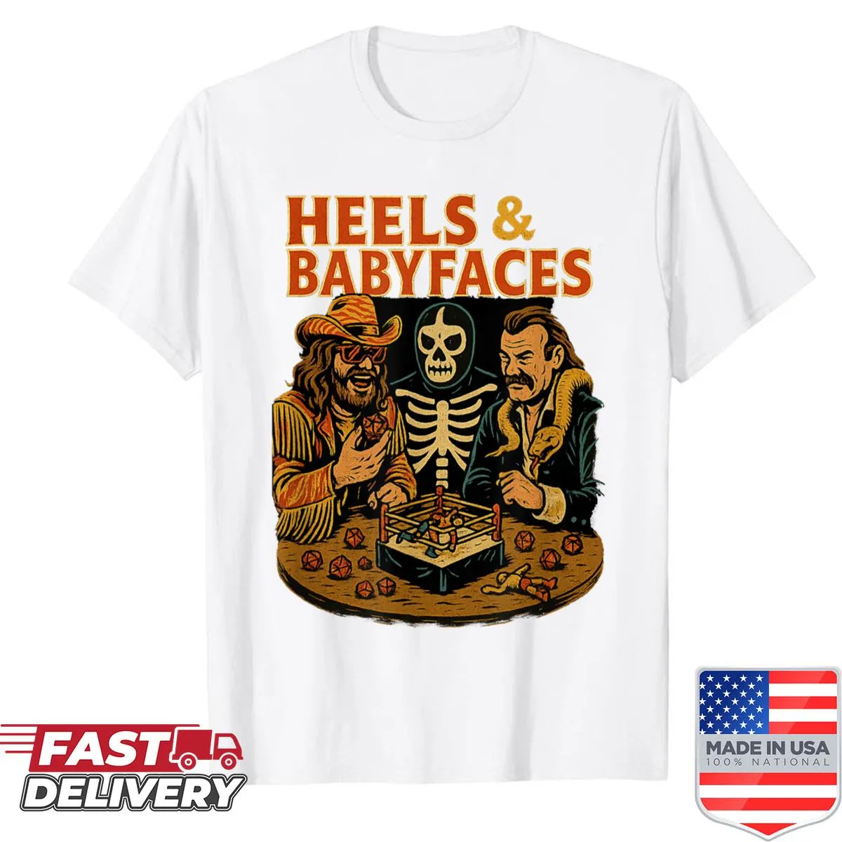 Retro wrestling tabletop RPG shirt with playful text