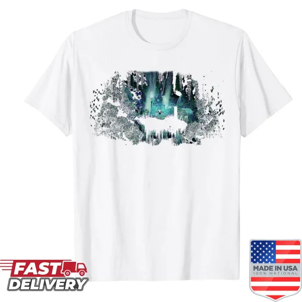 Artistic shirt featuring a bench in the Greenpath from Hollow Knight.