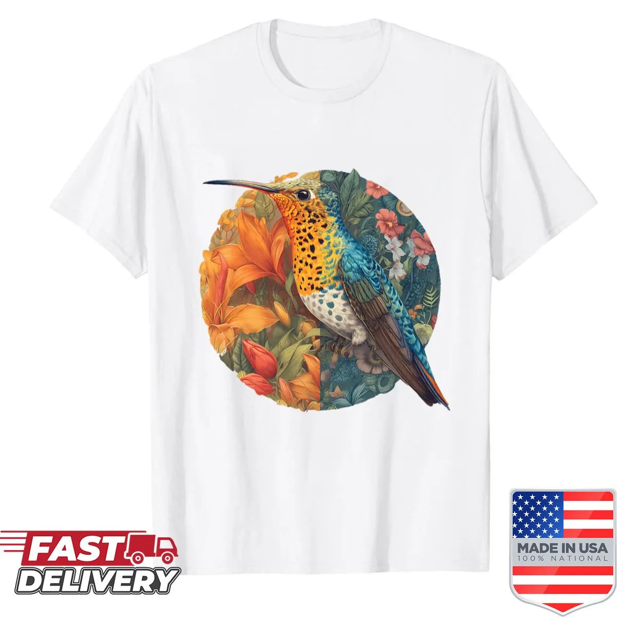 Detailed portrait of a hummingbird on a premium nature-themed shirt