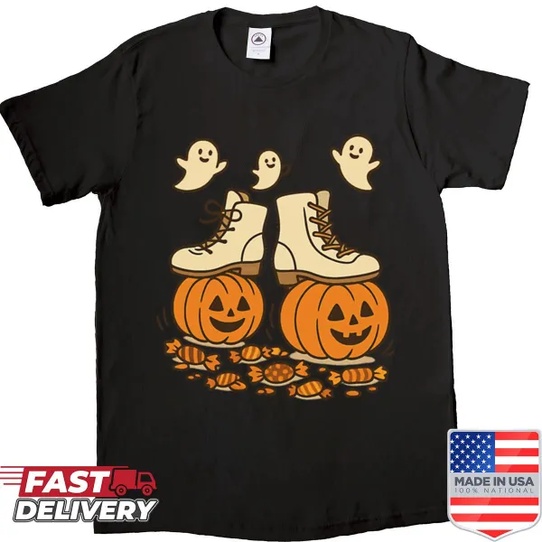 Playful shirt featuring pumpkins ice skating, celebrating autumn.